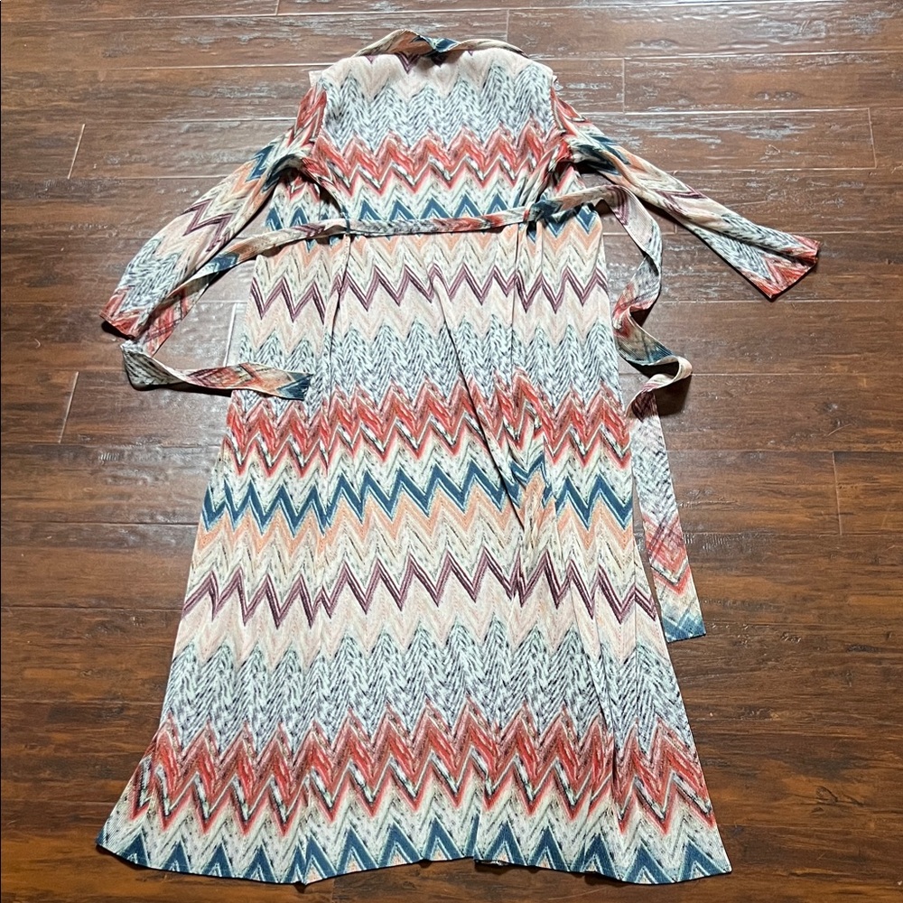 Multi-Color Boho Chevron Pleated Trench Duster Jacket with Belt - One Size - Picture 8 of 15